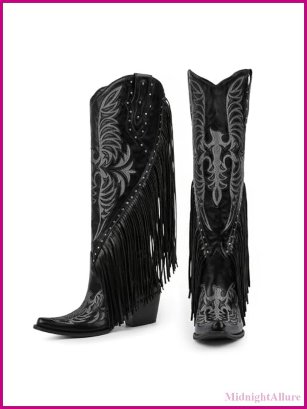 Fringe Cowgirl Boots Embroidered Studded Pointed Toe Chunky Heel Western Knee - Picture 4 of 6